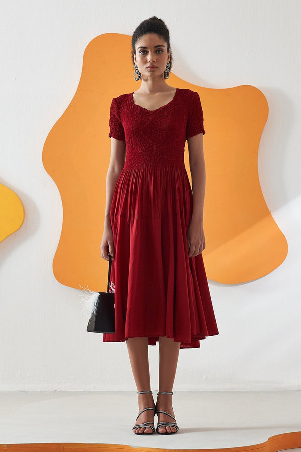 Red Crepe Solid Round Herno Crushed Plain Midi Dress