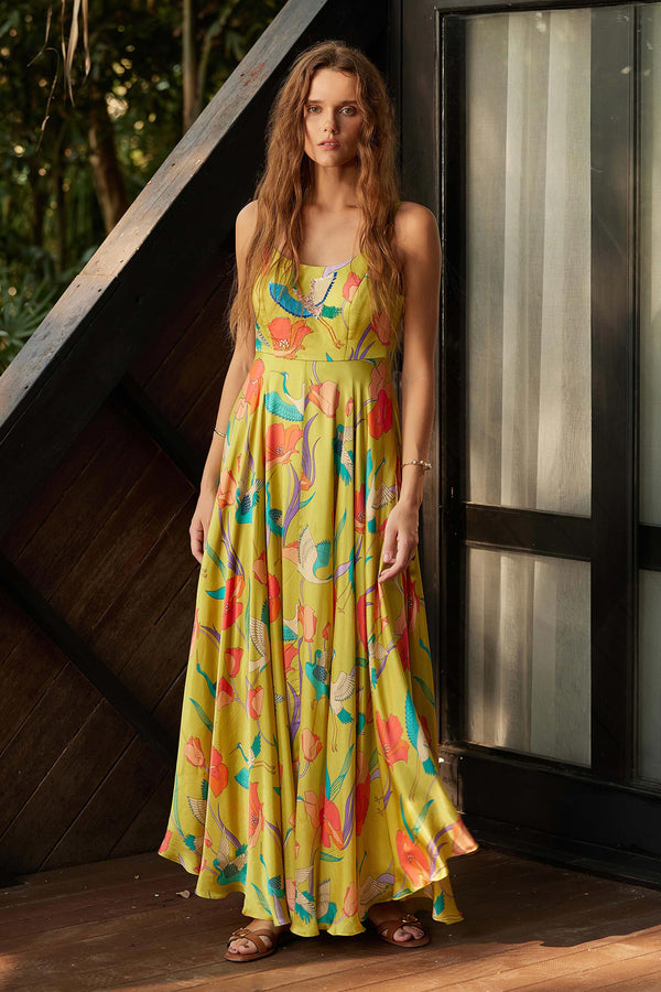 Yellow Natural Crepe Printed Botanical Round Back Cut-out Dress