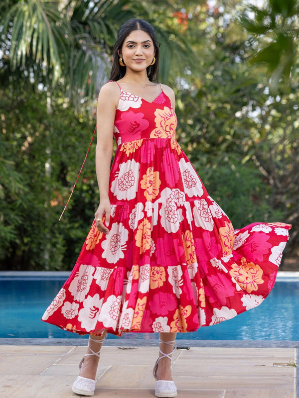 Floral Printed Sleeveless Cotton Tiered Fit & Flare Maxi Dress