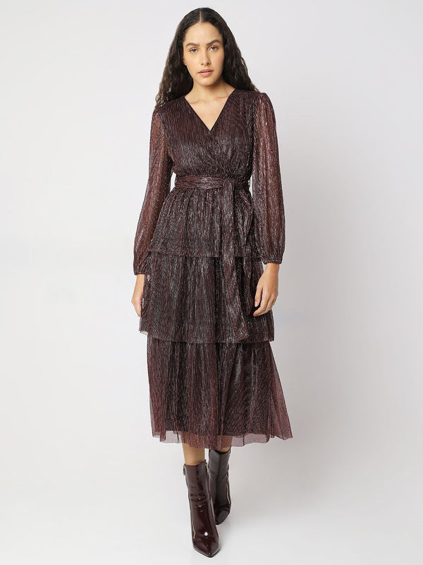 Embellished V-Neck Puff Sleeves Long Sleeves Wrap Midi Dress