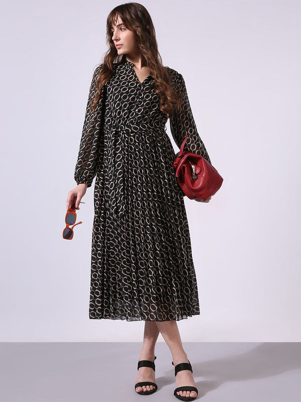 Women Printed Puff Sleeves Fit & Flare Midi Dress