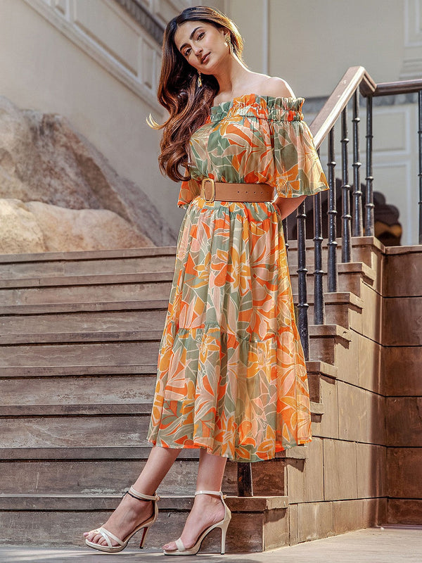 Floral Printed Off-Shoulder Gathered Tiered A-Line Dress
