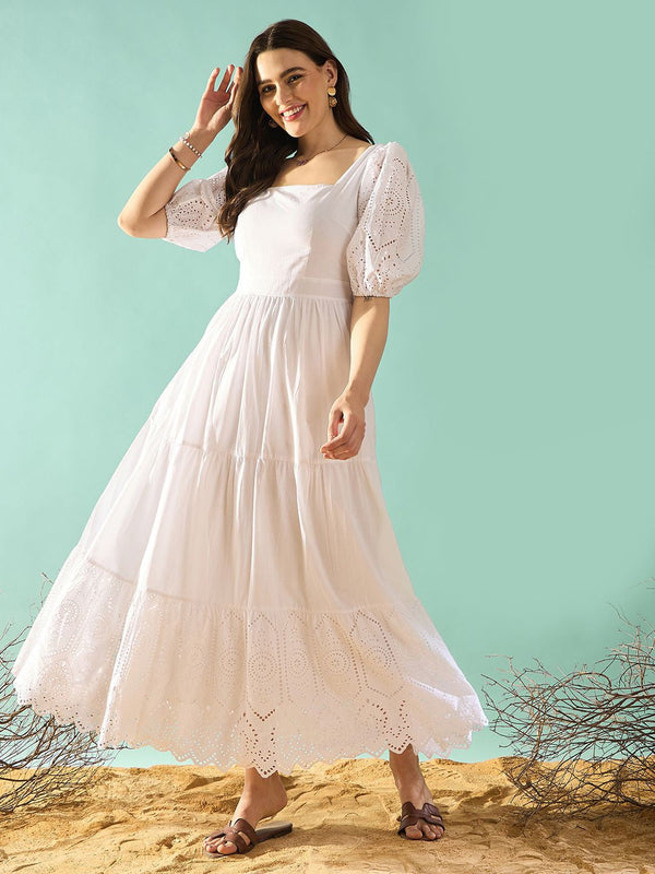 Puff Sleeve Schiffli Tiered Maxi Dress