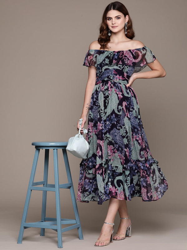 Floral Print Off-Shoulder Flared Sleeve Chiffon Fit & Flare Midi Dress