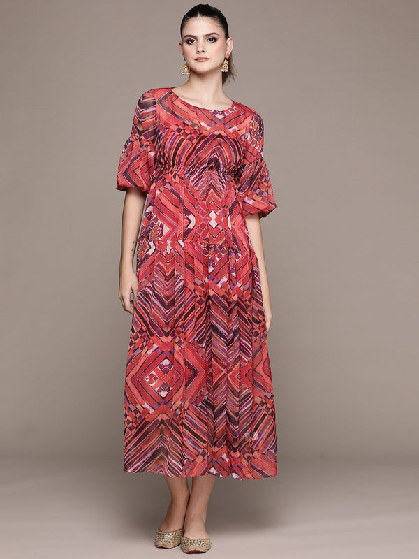 Print Flared Sleeve Chiffon A-Line Midi Dress