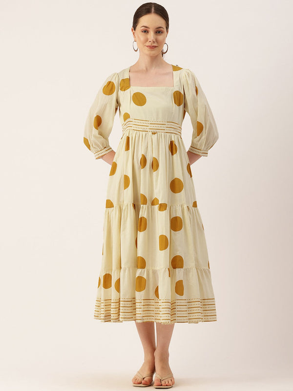 Polka Dot Print Puff Sleeve Fit & Flare Midi Dress
