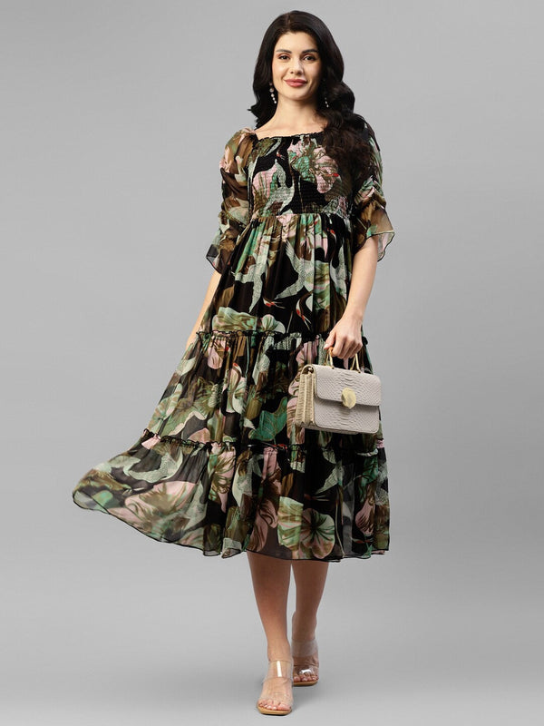 Floral Printed Chiffon Smocked Tiered Fit And Flare Midi Dress