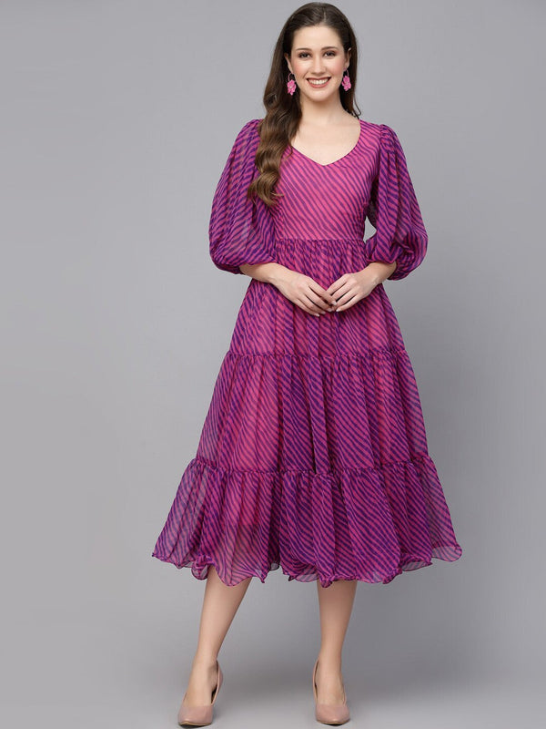 Leheriya Printed Puff Sleeves Georgette Tiered A-Line Midi Dress