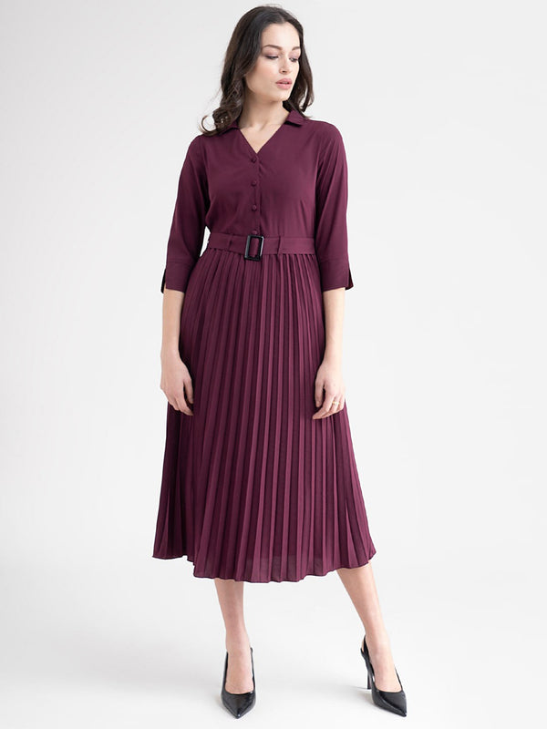 Maroon Striped A-Line Midi Dress