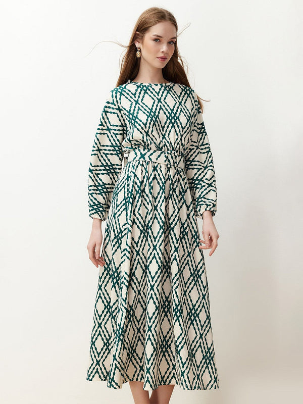 Geometric Printed Belted Midi Fit & Flare Dress