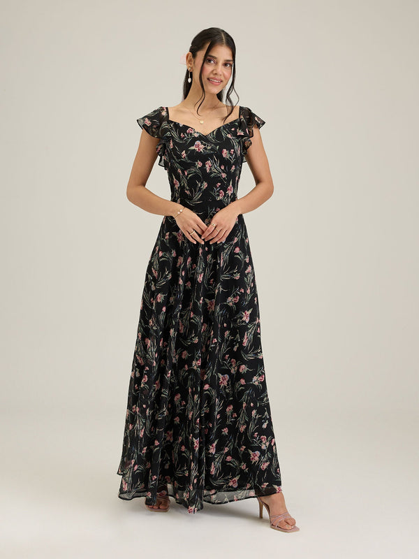 Black Floral V Neck Maxi Dress