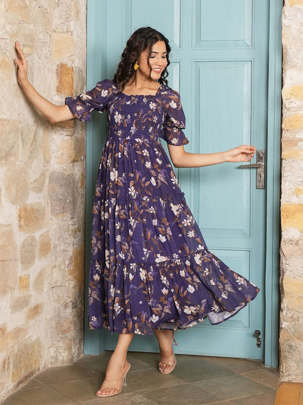 Floral Print Puff Sleeve Georgette Maxi Dress