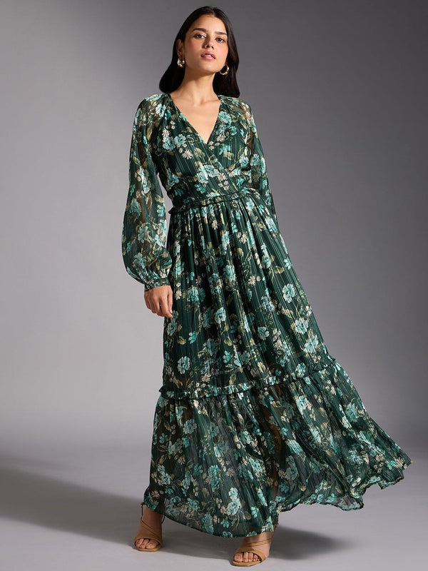 Women Floral Printed Puff Sleeves Maxi Dress