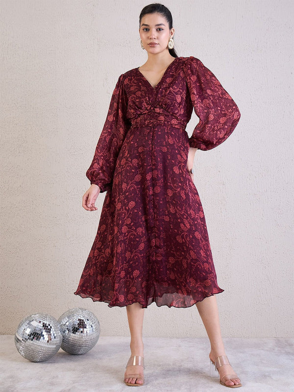 Floral Print Puff Sleeve Satin Midi Dress
