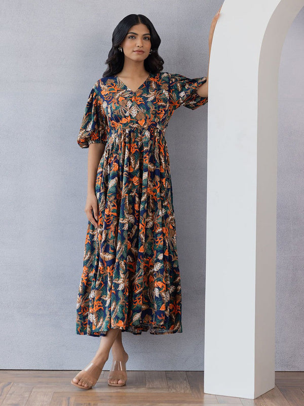Floral Printed Puff Sleeve Fit & Flare Midi Dress
