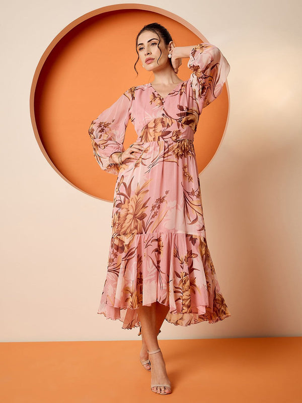 Floral Print Puff Sleeve Chiffon Fit & Flare Midi Dress