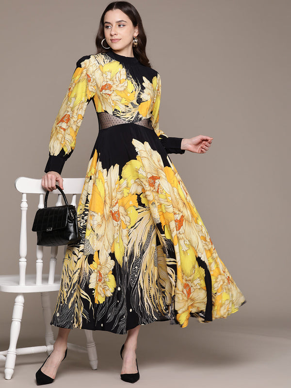 Floral Print Sheer Cut-Out Maxi Dress