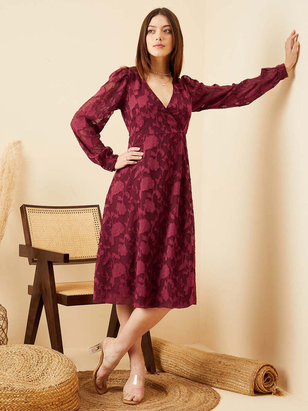 Maroon Bishop Sleeve Layered Jacquard Midi Dress