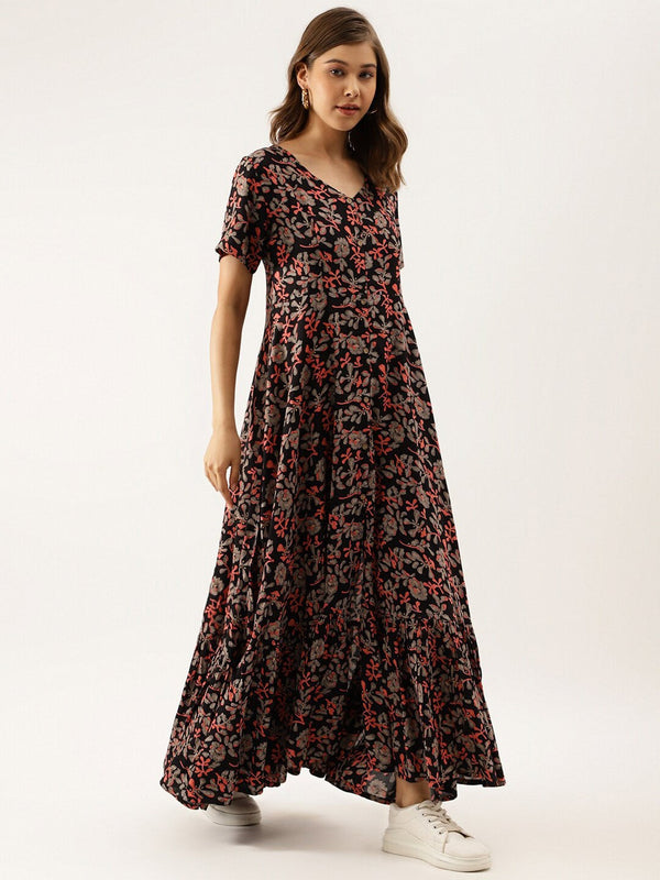 Floral Printed V-Neck Gathered Maxi Dress