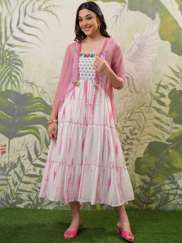 Pink Floral Printed Smocked Tiered Cotton Midi A-Line Dress With Shrug