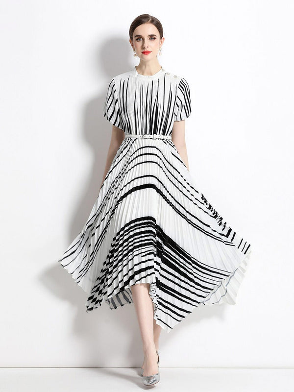 Monochrome Striped Fit & Flare Midi Dress