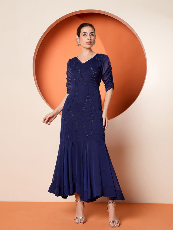 Women Embellished Chiffon Three-Quarter Sleeves Maxi Dress