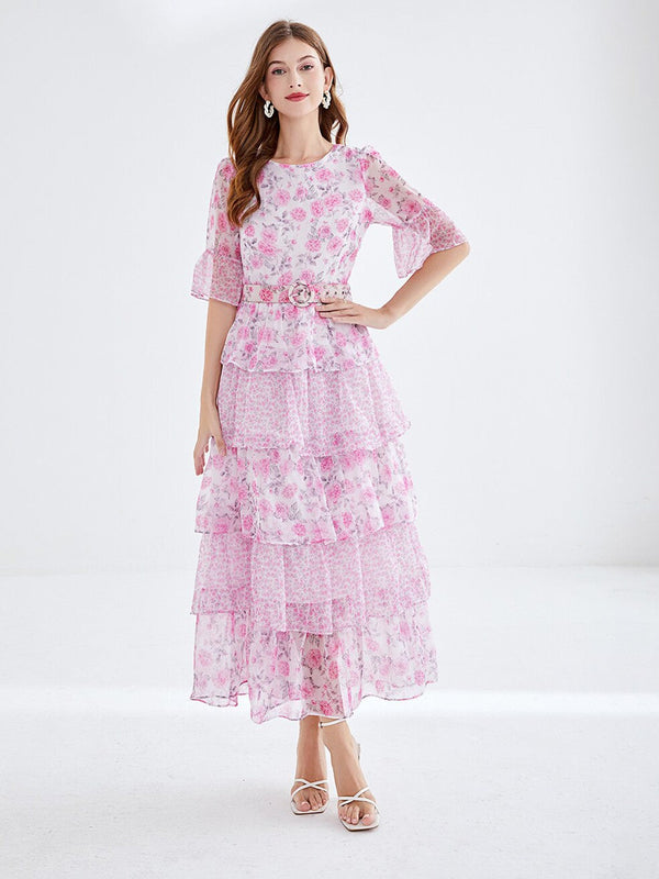 Floral Printed Bell Sleeves Layered Maxi Dress