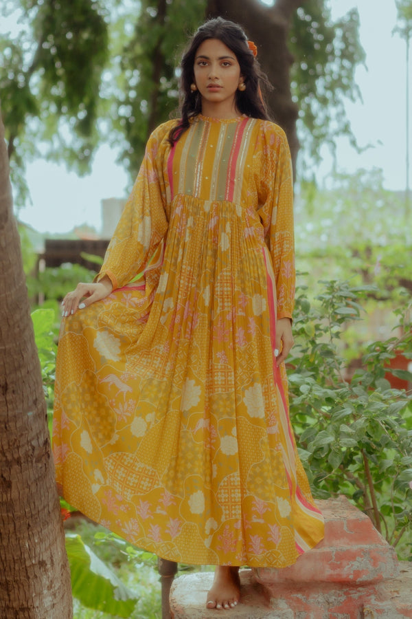 Yellow Pure Crepe Printed Floral High Neck Dress