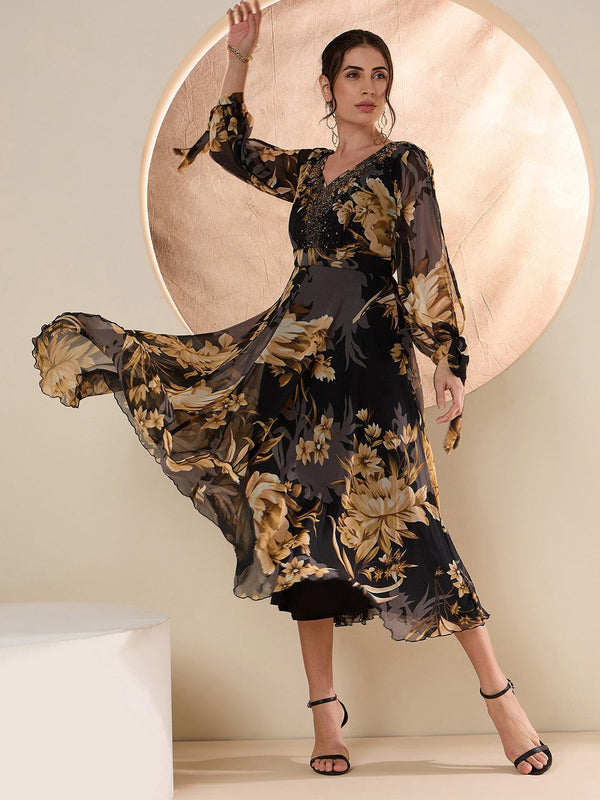 Floral Embellished Flared Sleeve Chiffon A-Line Midi Dress