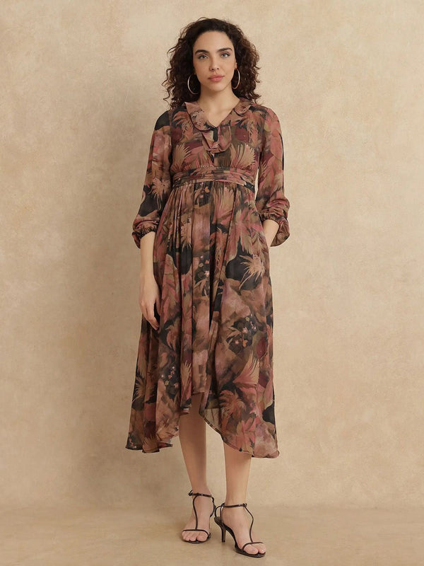 Print Bell Sleeve Fit & Flare Midi Dress