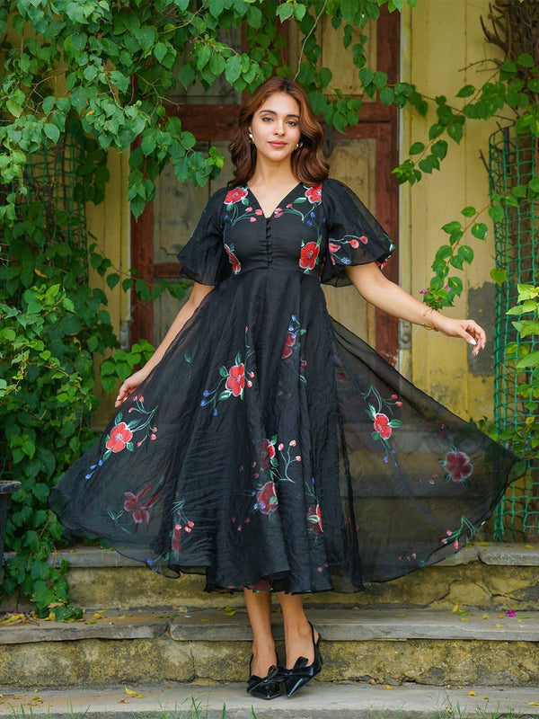 Floral Flutter Sleeve Fit and Flare Midi Dress