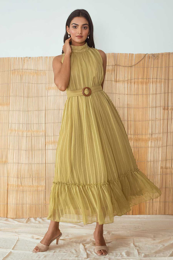 Lime Green A-Line High Neck Dress