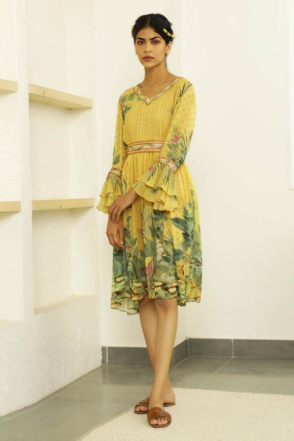 Yellow Georgette Embroidery V Neck Amelia Dress