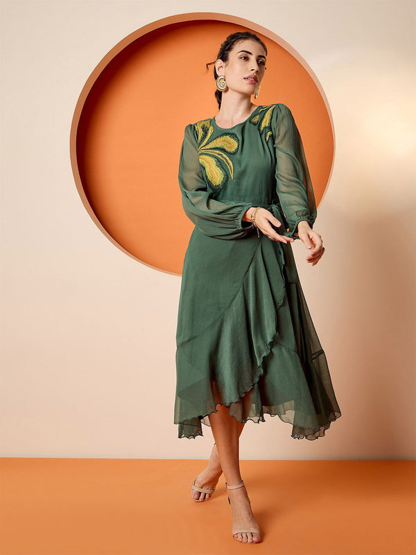 Puff Sleeve Chiffon Embroidered A-Line Midi Dress